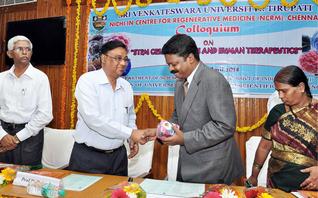 meeting of minds:SVU Vice-Chancellor W. Rajendra felicitating Samuel Abraham, Director, Nichi-in Centre for Regenerative Medicine, Chennai, at the Colloquium on Stem Cell Research and Human Therapeutics, in Tirupati on Saturday. SVIMS Director B. Vengamma is also seen.— PHOTO: K.V. POORNACHANDRA KUMAR